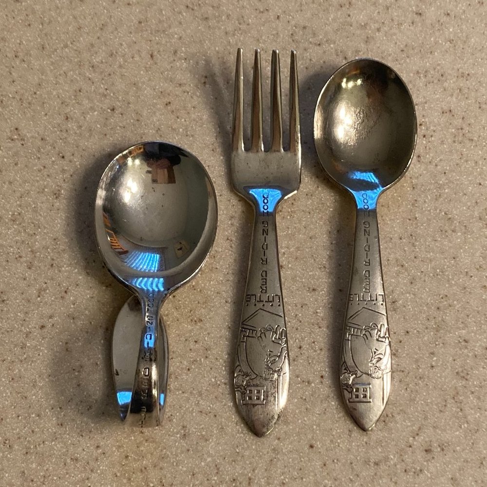 Silverplate Baby Spoon Fork Curved Handle Spoon 3 Pc Set Antique Winthrop